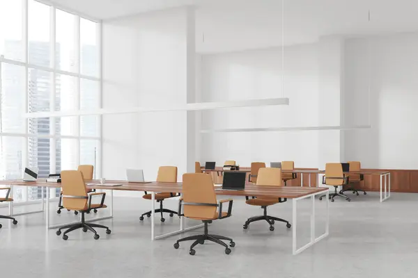 Stylish office interior with leather armchairs and conference board, side view. Ceo business negotiation corner with panoramic window on Singapore skyscrapers. 3D rendering