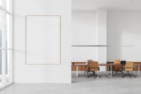 White conference interior with armchairs and wooden table, light concrete floor. Meeting space with panoramic window on skyscrapers. Mockup canvas poster. 3D rendering