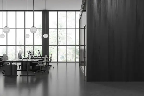 Interior Stylish Open Space Office Gray Wooden Walls Concrete Floor — Stock Photo, Image