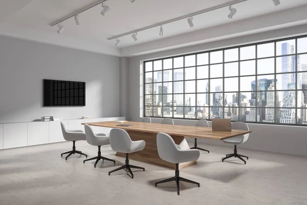 Elegant office meeting interior with armchairs and conference board, side view sideboard with tv screen. Ceo negotiation corner with panoramic window on skyscrapers. 3D rendering