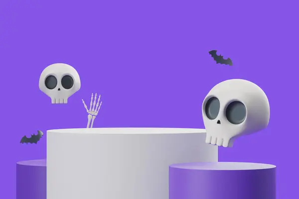 Fehér Kerek Termék Kijelző Dobogó Körül Aranyos Halloween Sculls Csontváz — Stock Fotó