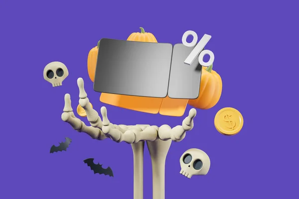 Cartoon skeleton hand holding a mockup discount coupon, skeleton heads and pumpkins with coin flying on violet background. Concept of halloween and special offer. 3D rendering illustration