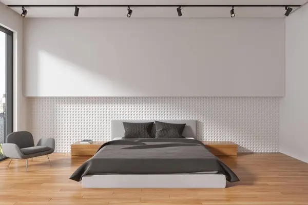 Elegante Casa Quarto Interior Cama Poltrona Piso Madeira Sala Dormir — Fotografia de Stock