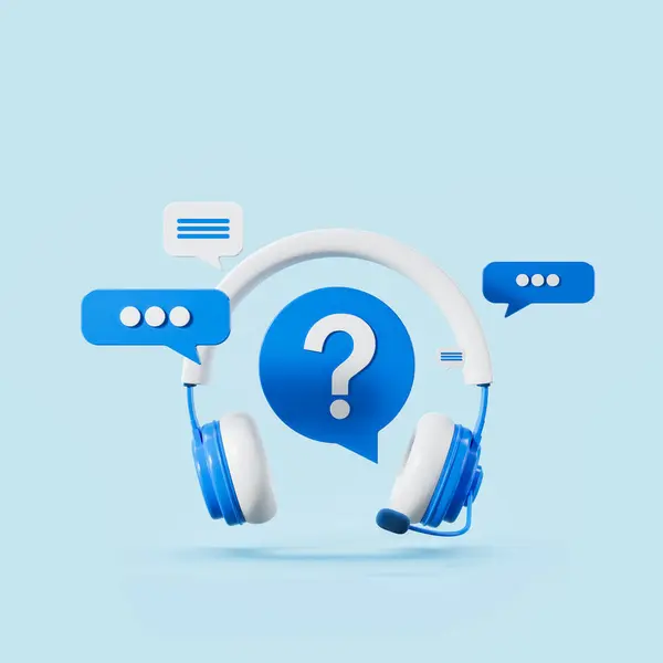View of white and blue headset and question mark with speech bubbles over blue background. Concept of customer support service, hotline and call center. 3d rendering