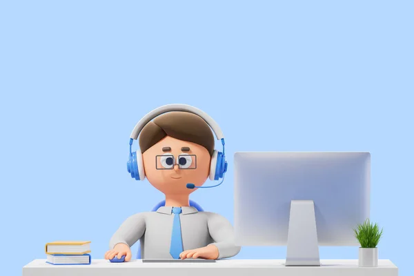Cartoon Character Man Headset Sitting Computer Desk Empty Copy Space — Stock Photo, Image