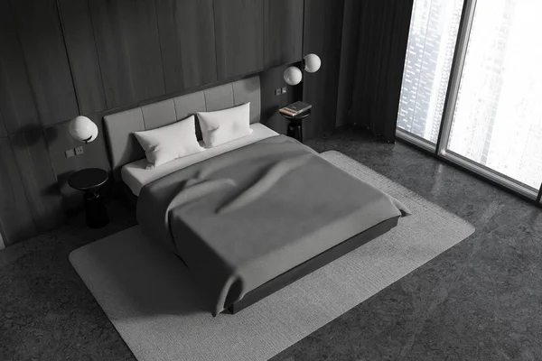 Top View Home Bedroom Interior Bed Nightstand Decoration Carpet Grey Stock Picture
