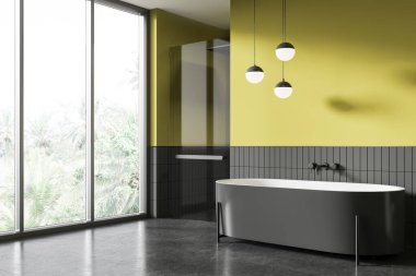 Yeşil ve gri otel banyosu manzaralı banyo küveti, cam bölmeli duş ve koyu beton zemin. Tropik bölgelerde panoramik pencere. 3B görüntüleme
