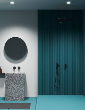 Modern banyo, beyaz ve mavi duvarlar, mavi zemin, üzerinde yuvarlak ayna asılı devasa taş lavabo ve duşta rahat bir yürüyüş. 3d oluşturma