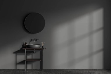 Karanlık ev banyosu lavabosu ve aynası gri granit zeminde aksesuarları olan bir raf. Modern çağdaş bir dairede banyo, taklit uzay duvarı. 3B görüntüleme