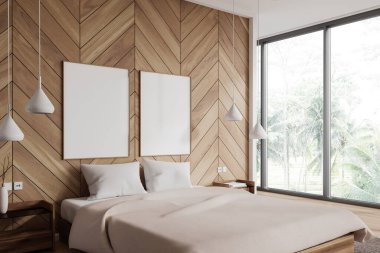 Yatak odası, iç yatak odası, panoramik pencere, ahşap döşemeli komodin. Bej renkli uyku köşesi ve sırada iki tane tuval poster. 3B görüntüleme