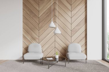 Beyaz ve ahşap duvarları, ahşap zemini, iki beyaz koltuğu ve halıda duran cam sehpası olan modern minimalist oturma odasının içi. 3d oluşturma
