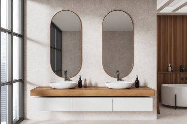 Bej ev banyosu, çift lavabo, gösteriş için minimalist aksesuarlar ve bölmenin arkasında küvet. Gökdelenlere iki lavabo ve panoramik pencere. 3B görüntüleme