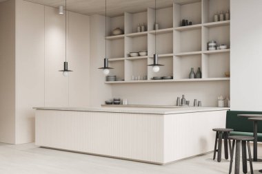 Beyaz ve ahşap duvarları olan modern restoranın köşesi, ahşap zemin, arkasında raflar olan rahat beyaz bar tezgahı ve yuvarlak masanın yanında duran rahat yeşil kanepe. 3d oluşturma