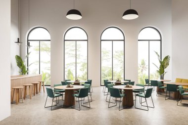 Beyaz kafeteryanın içinde yeşil sandalyeler, yuvarlak masa, bej granit zemin. Tezgahı ve bitkisi olan bar ya da restoran, tropik bölgelerde panoramik kemer penceresi. 3B görüntüleme