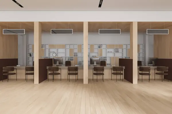White bank office interior with pc computer and armchairs in row, hardwood floor. Consulting or client service space with partition and shelf with decoration. 3D rendering
