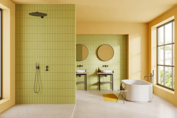 Yellow Green Tile Hotel Bathroom Interior Bathtub Shower Partition Double — Stock Photo, Image