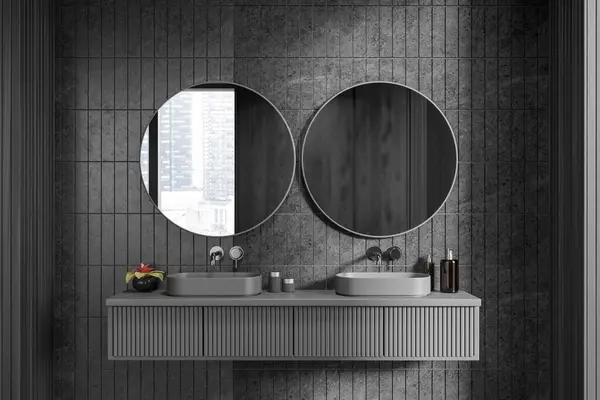 Dark Hotel Bathroom Interior Double Sink Vanity Decor Accessories Two — Stock Photo, Image