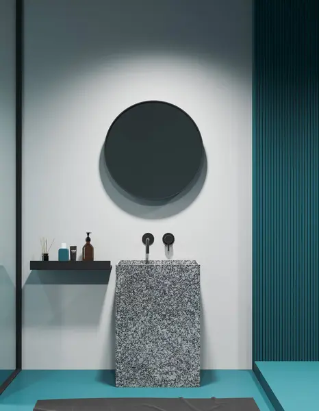 Branco Turquesa Casa Banho Interior Com Pia Espelho Redondo Vaidade — Fotografia de Stock