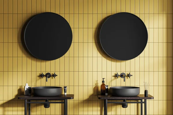 Bright Tile Yellow Home Bathroom Interior Double Sink Two Mirrors — Stock Photo, Image
