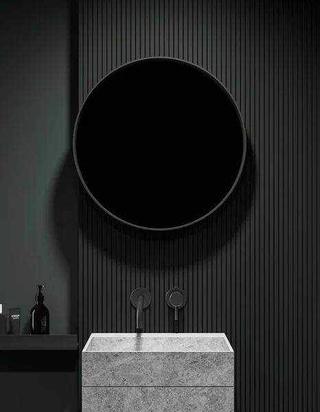Interior Elegante Cuarto Baño Con Paredes Color Verde Oscuro Lavabo — Foto de Stock