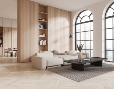 Modern oturma odasının köşesinde beyaz duvarlar, ahşap zemin, uzun ahşap sehpa ve ahşap kitaplığın yanında duran rahat beyaz kanepe. 3d oluşturma