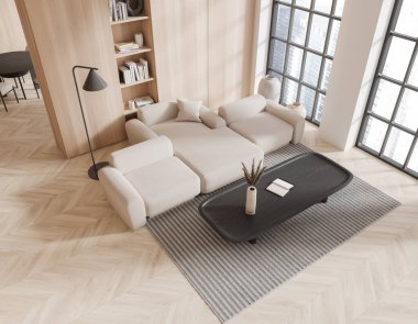 Modern oturma odasının beyaz duvarları, ahşap zemin, uzun tahta sehpa ve ahşap kitaplığın yanında duran rahat beyaz kanepe manzarası. 3d oluşturma