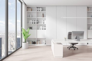 Beyaz duvarları, ahşap zemini, rahat beyaz bilgisayar masası ve panoramik pencereli beyaz kitaplığı olan modern CEO ofisi. 3d oluşturma