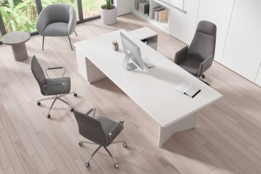 Çalışma masasında bilgisayar ve ahşap döşeme olan beyaz ofis odasının en üst görüntüsü. Rahat bir yeri ve panoramik penceresi olan modern danışmanlık köşesi. 3B görüntüleme