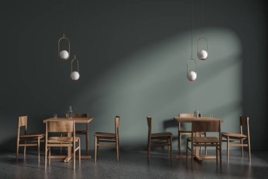 Koyu yeşil duvarları, beton zemini ve rahat kare tahta sandalyeli ahşap masaları olan şık, minimalist bir restoran. Orijinal tavan lambaları. 3d oluşturma