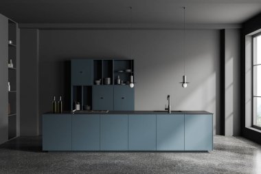 Koyu minimalist mavi ev mutfağı içinde bar adası, gri granit zemin. Tabaklar ve mutfak gereçleri olan raflar, kırsal alanda panoramik pencereli yemek pişirme alanı. 3B görüntüleme