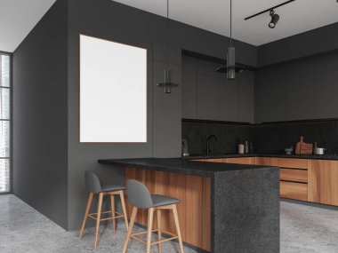 Gri duvarlı şık bir mutfak, beton zemin, rahat gri dolaplar ve lavabo ve fırında yapılmış dolaplar, tabureli ahşap ada ve dikey taklit poster. 3d oluşturma