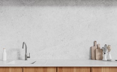 Beyaz duvarları, ahşap dolapları ve beyaz tezgahta duran rahat lavabosu olan modern mutfağın içi. 3d oluşturma