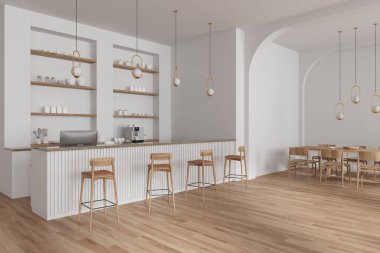 Ahşap sandalyeli, beyaz masalı, ahşap zeminli lüks bir kafe. Kasa masası, tezgahı ve tabanı kemer tavanının altında olan bir bar ya da restoran. 3B görüntüleme