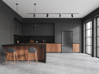 Bar adası ve taburesi olan karanlık bir ev mutfağı mutfak gereçleri ve buzdolabı tasarımlı şık bir dolap. Gökdelenlerde panoramik pencereli yemek odası. 3B görüntüleme