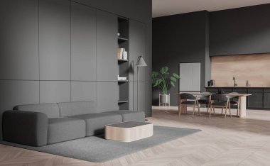 Karanlık ev stüdyosu, dinlendirici ve yemek pişirme köşesi yan görüş kanepesi ve sandalyeli yemek masası. Buzdolabı ve minimalist mutfak eşyaları, ahşap zeminde halı. 3B görüntüleme