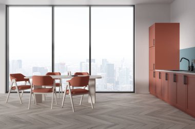 Beyaz duvarları, ahşap zemini, rahat pembe dolapları ve dolapları olan modern mutfağın içi pembe sandalyeli uzun yemek masası ve şehir manzaralı panoramik pencere. 3d oluşturma