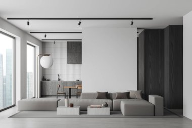 Kanepe ve kahve sehpası, sandalyeli yemek masası ve arkasında dolabı olan şık bir daire. Gökdelenlerin panoramik penceresi. 3B görüntüleme