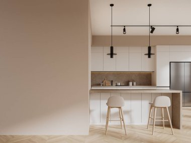 Modern mutfağın içinde bej duvarlar, ahşap zemin, rahat beyaz dolaplar, büyük buzdolabı ve tabureli rahat beyaz ada. Soldaki uzay duvarını kopyala. 3d oluşturma