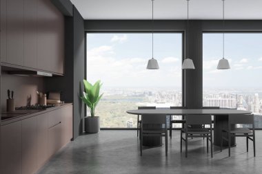 Karanlık ev mutfağı, yemek masası, sandalyeler, gri beton zemin. New York gökdelenlerinde dolap ve panoramik pencereli minimalist yemek odası. 3B görüntüleme