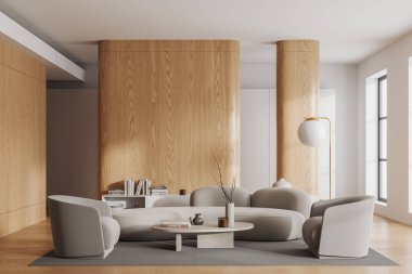 Beyaz ve ahşap duvarları, ahşap zemini, rahat koltuğu ve kahve masasının yanında duran iki koltuğu olan modern oturma odasının içi. 3d oluşturma