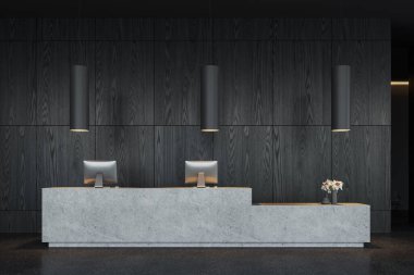 Koyu ahşap lobideki taş resepsiyon masası, iki bilgisayar ve minimalist dekorasyonlu iş salonu. Şık kayıt ve hizmet alanı. 3B görüntüleme