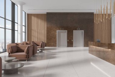 Lüks ofis lobisi resepsiyon masası ve asansör, kanepe ve sehpası olan bekleme alanı. New York gökdelenlerinde panoramik pencereli danışmanlık ya da rahatlatıcı bir yer. 3B görüntüleme