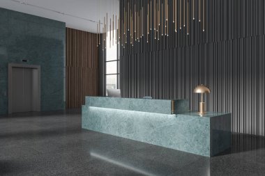 Gri ve mavi otel lobisi mermer resepsiyon masası, bilgisayar, fayans granit zemin. Yan görüş asansörü ve gökdelenlerin panoramik penceresi. 3B görüntüleme