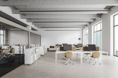 Çalışma odası ve cam toplantı odası olan beyaz ofis, klasörlü çekmece ve monitörlü koltuklar. Sakin bölge ve şehir gökdelenlerinin panoramik penceresi. 3B görüntüleme