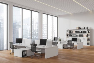 Samimi ofis içi iç mekan manzarası, sırada bilgisayar, dizinleri olan raflar. Minimalist mobilyaları ve gökdelenlerde panoramik pencereleri olan modern bir iş yeri. 3B görüntüleme