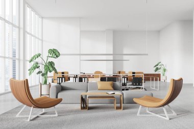 Beyaz duvarları, beton zemini, rahat gri koltuğu ve iki bej koltuğu olan, ahşap masaları ve arka planında bej sandalyeleri olan açık alanı olan modern ofis bekleme odasının içi. 3d oluşturma