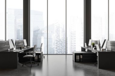 Dark office interior with pc computers on desk in row, drawer with documents. Black workspace with minimalist furniture and panoramic window on skyscrapers. 3D rendering clipart