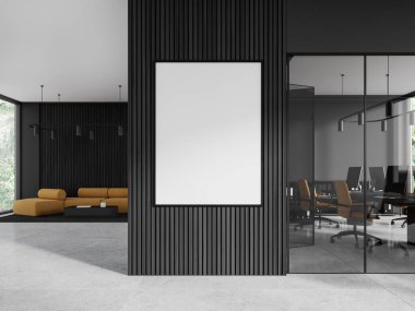 Gri ve koyu ahşap duvarları, fayanslı zemini, açık alanı olan, sarı kanepeli rahat dinlenme odası ve dikey maket posterli şık ofis salonu. 3d oluşturma