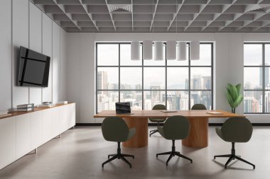 Beyaz ofis toplantısı koltuklar ve konferans panosu, televizyon ekranlı büfe. Gökdelenlerde panoramik penceresi olan şık bir müzakere alanı. 3B görüntüleme
