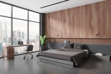 Ev yatak odasının köşesi iç yatak odası ve iş yeri, dizüstü bilgisayarı, gri granit zemin. Gökdelenlerin panoramik pencereli minimalist uyku ve çalışma alanı. 3B görüntüleme